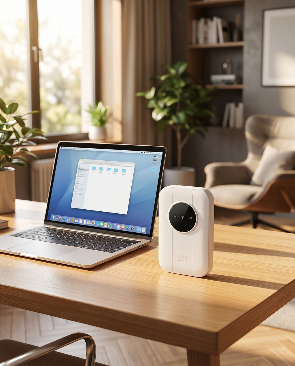 Portable 5G WiFi router on desk, lifestyle