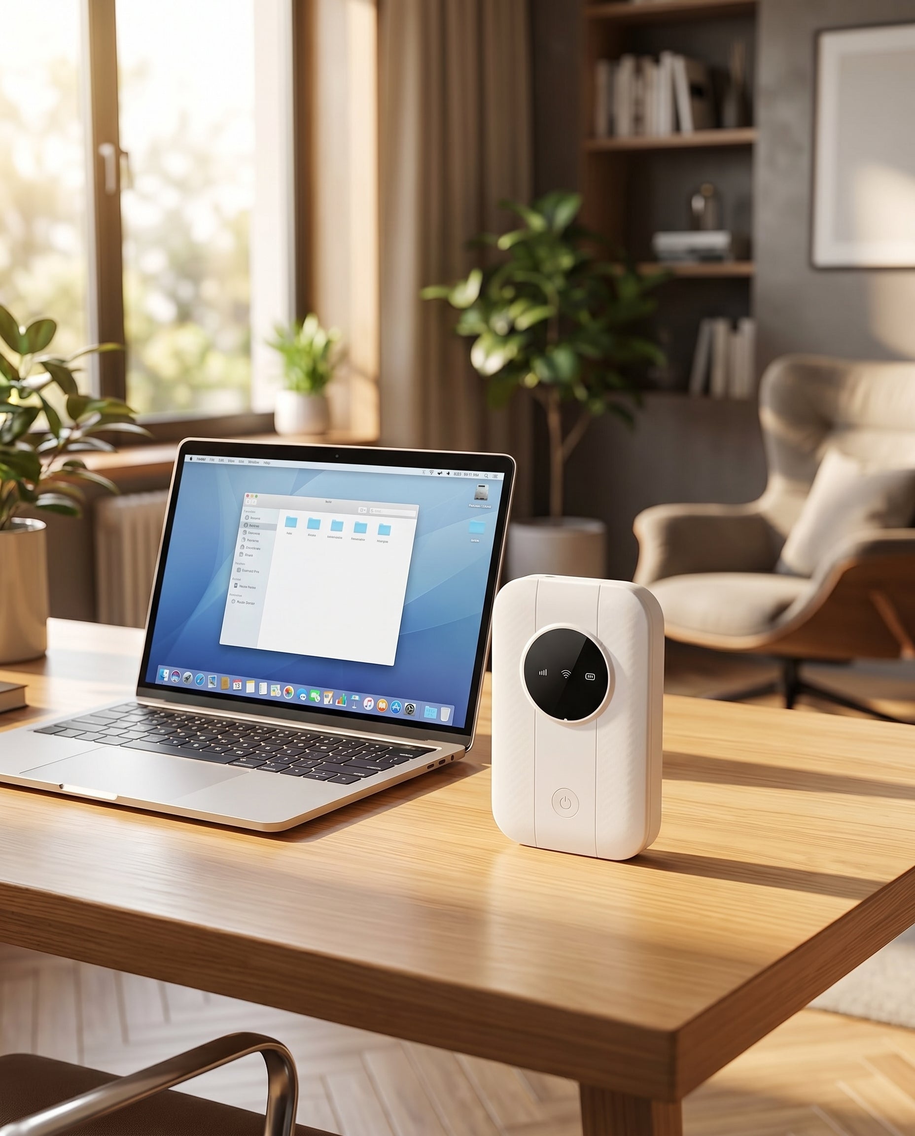Portable 5G WiFi router on desk, lifestyle