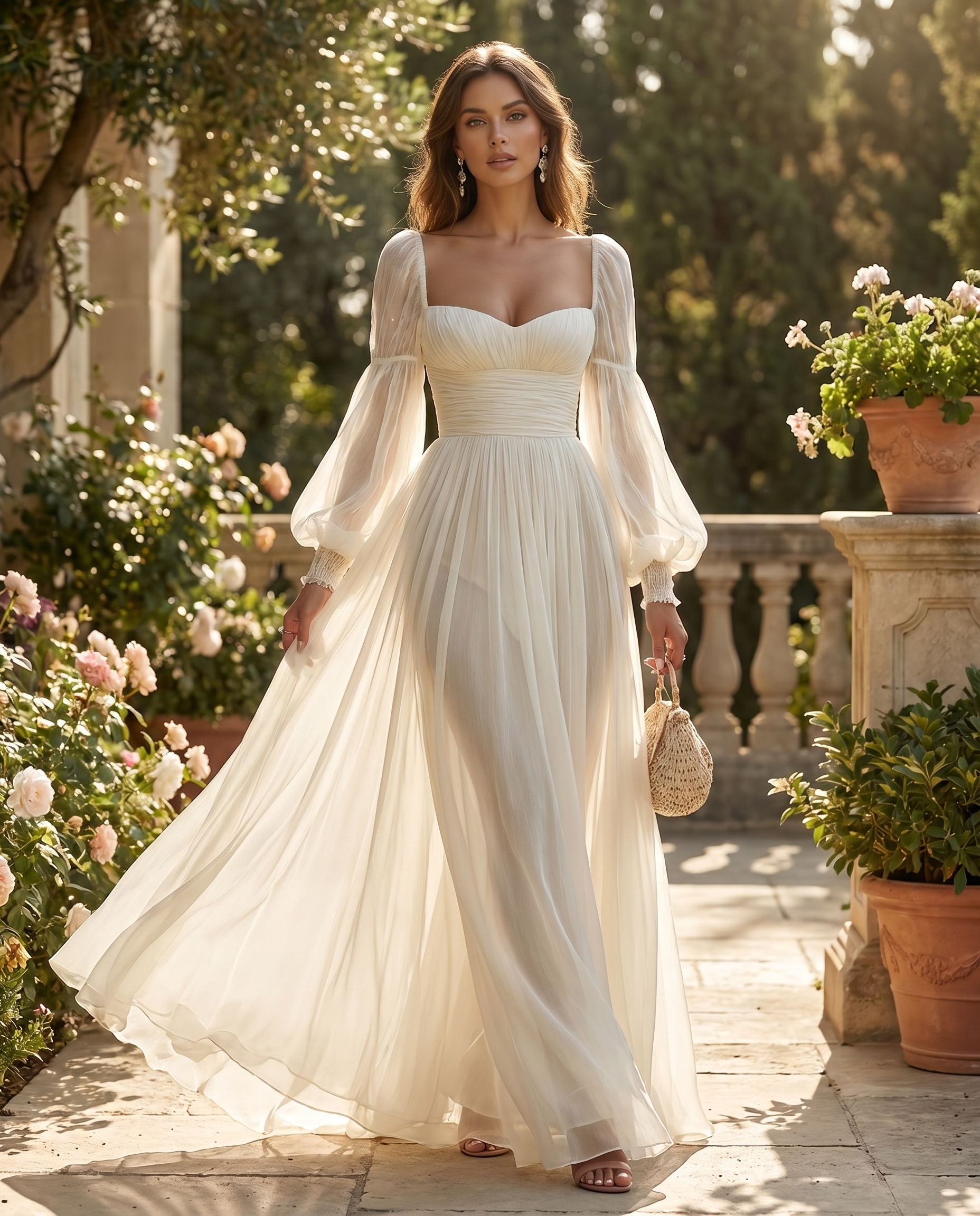 Elegant Chiffon | Long Sleeve Maxi Dress with Square Neckline | Flowy Design for Effortless Styling