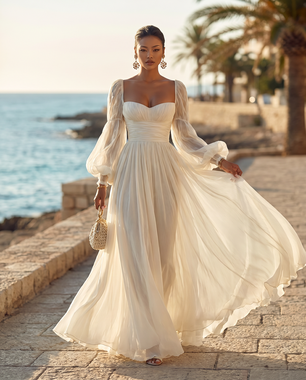 Elegant Chiffon | Long Sleeve Maxi Dress with Square Neckline | Flowy Design for Effortless Styling