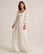 Elegant Chiffon | Long Sleeve Maxi Dress with Square Neckline | Flowy Design for Effortless Styling
