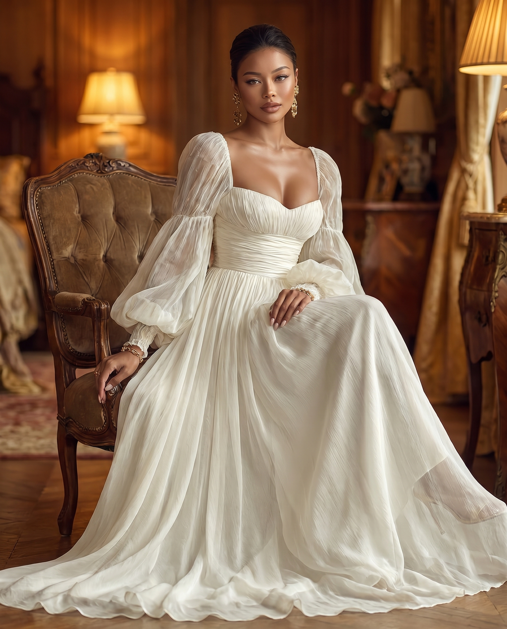 Elegant Chiffon | Long Sleeve Maxi Dress with Square Neckline | Flowy Design for Effortless Styling