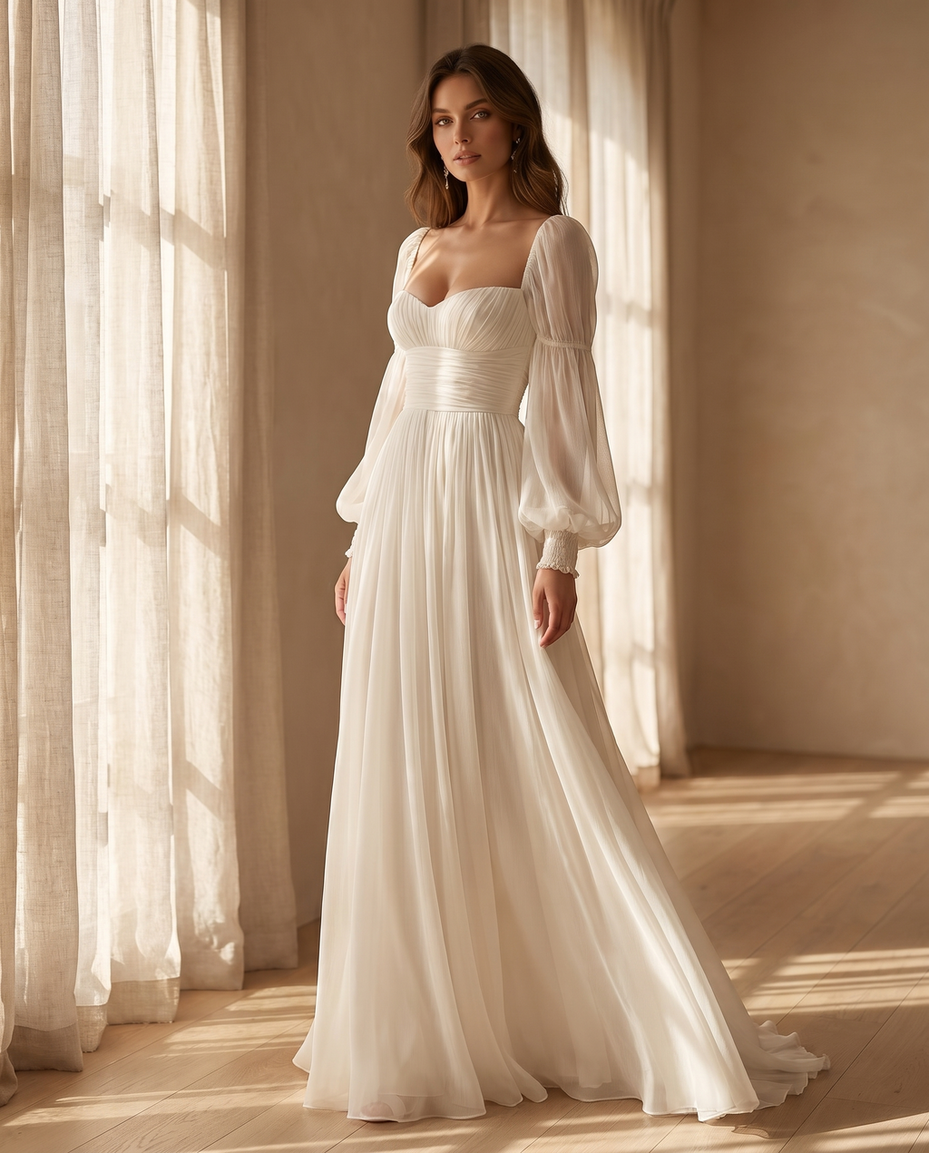 Elegant Chiffon | Long Sleeve Maxi Dress with Square Neckline | Flowy Design for Effortless Styling