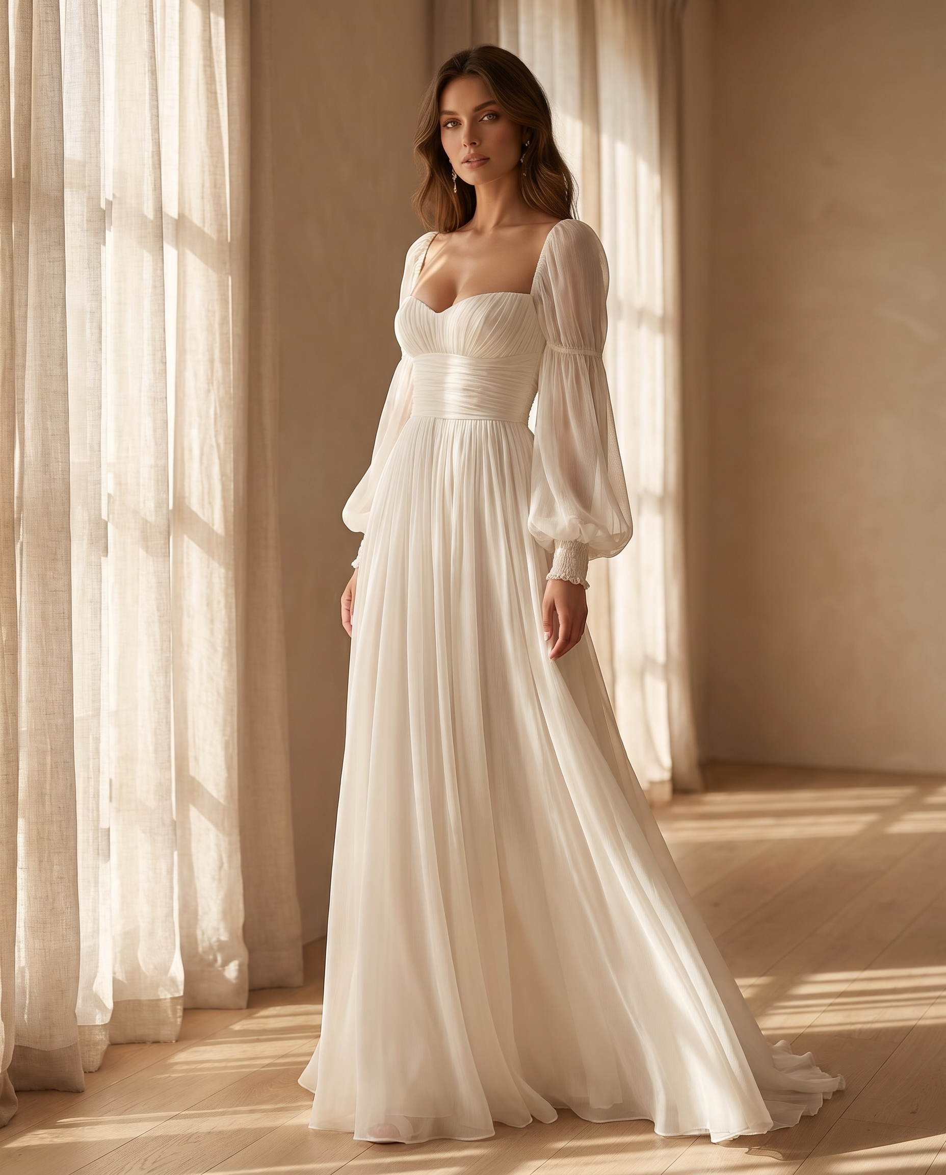 Elegant Chiffon | Long Sleeve Maxi Dress with Square Neckline | Flowy Design for Effortless Styling