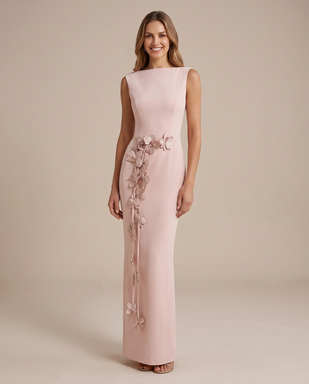 Meerjungfrau-Abendkleid – U-Boot-Ausschnitt, florale Details