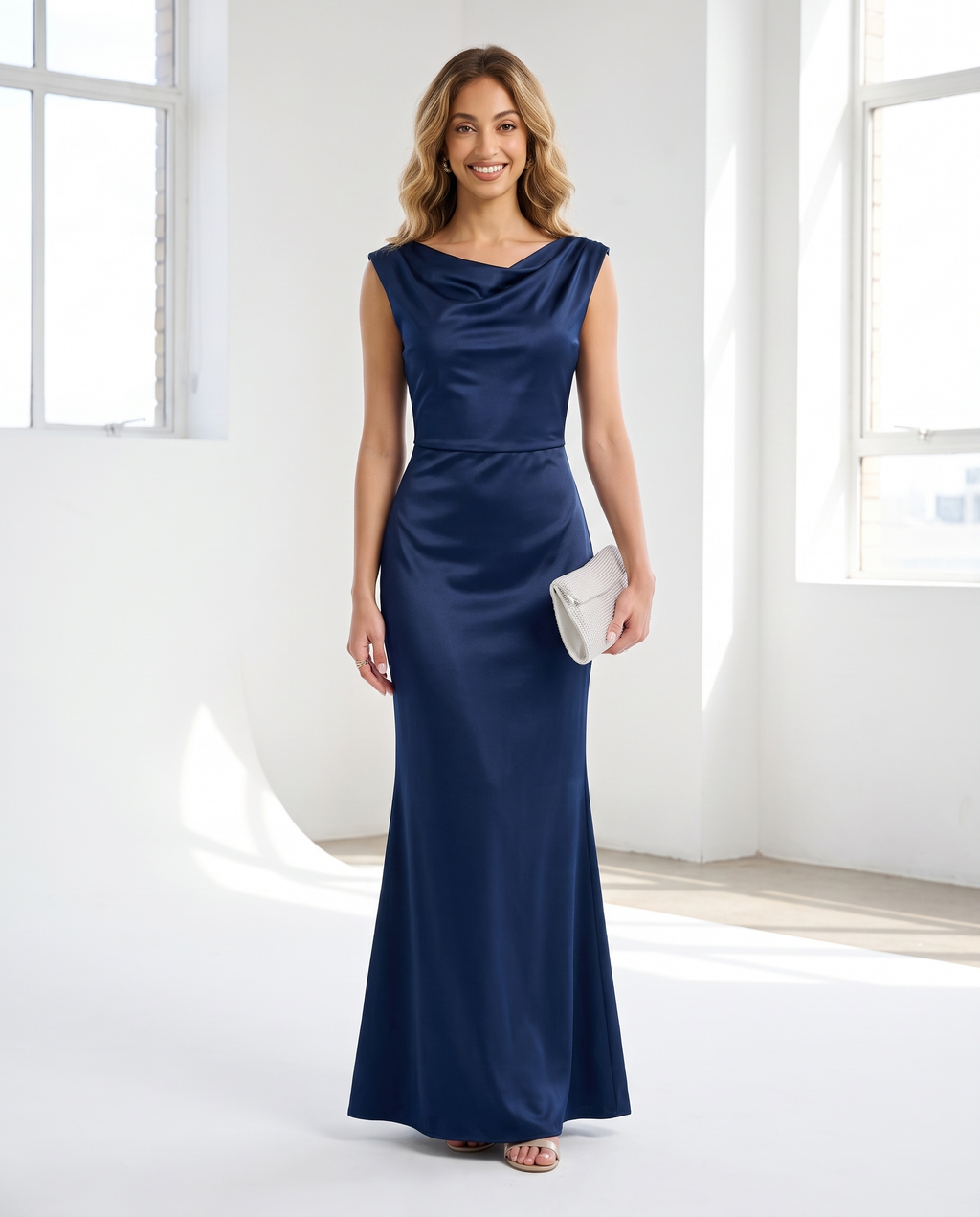 Satin-Abendkleid im Meerjungfrau-Schnitt – Wasserfallausschnitt, bodenlang