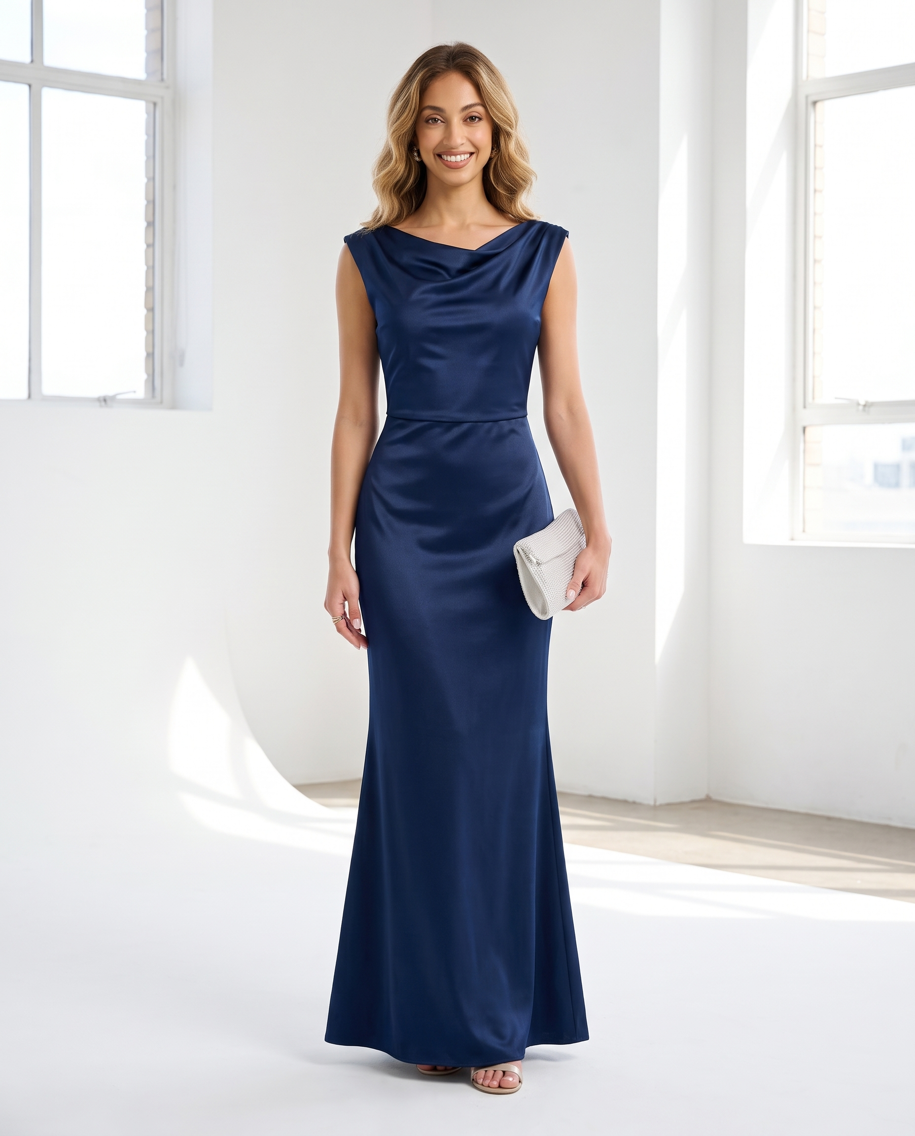 Elegant Satin Mermaid Dress with Cowl Neckline Floor-Length Gown