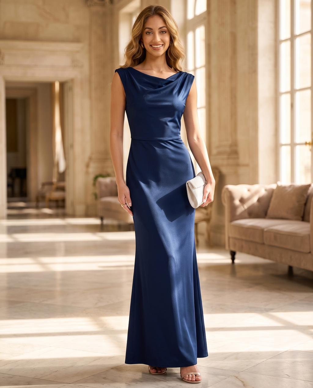 Satin-Abendkleid im Meerjungfrau-Schnitt – Wasserfallausschnitt, bodenlang