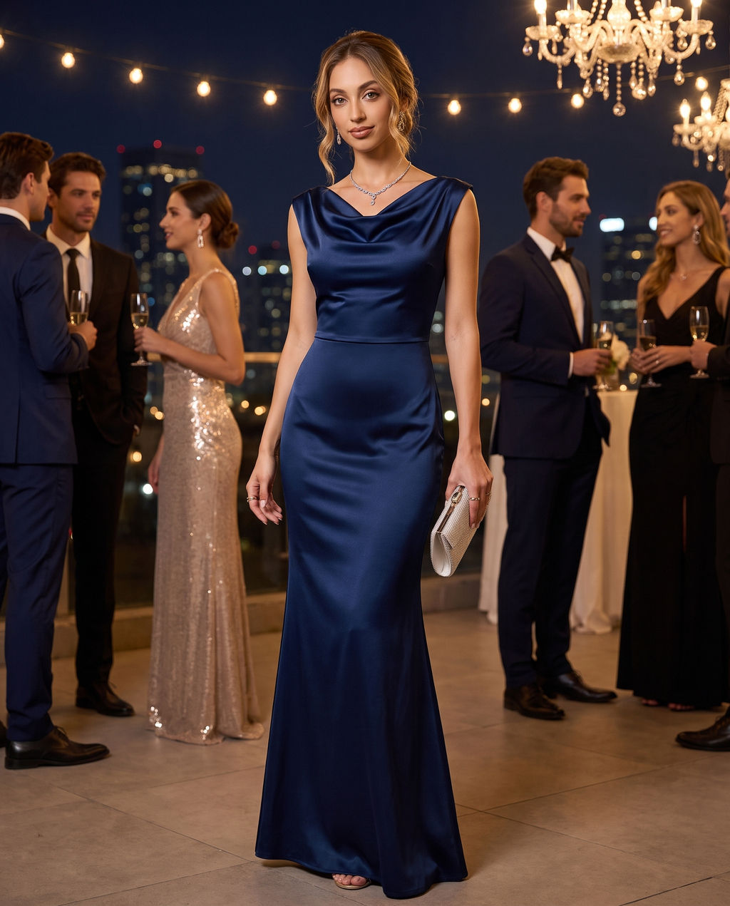 Satin-Abendkleid im Meerjungfrau-Schnitt – Wasserfallausschnitt, bodenlang
