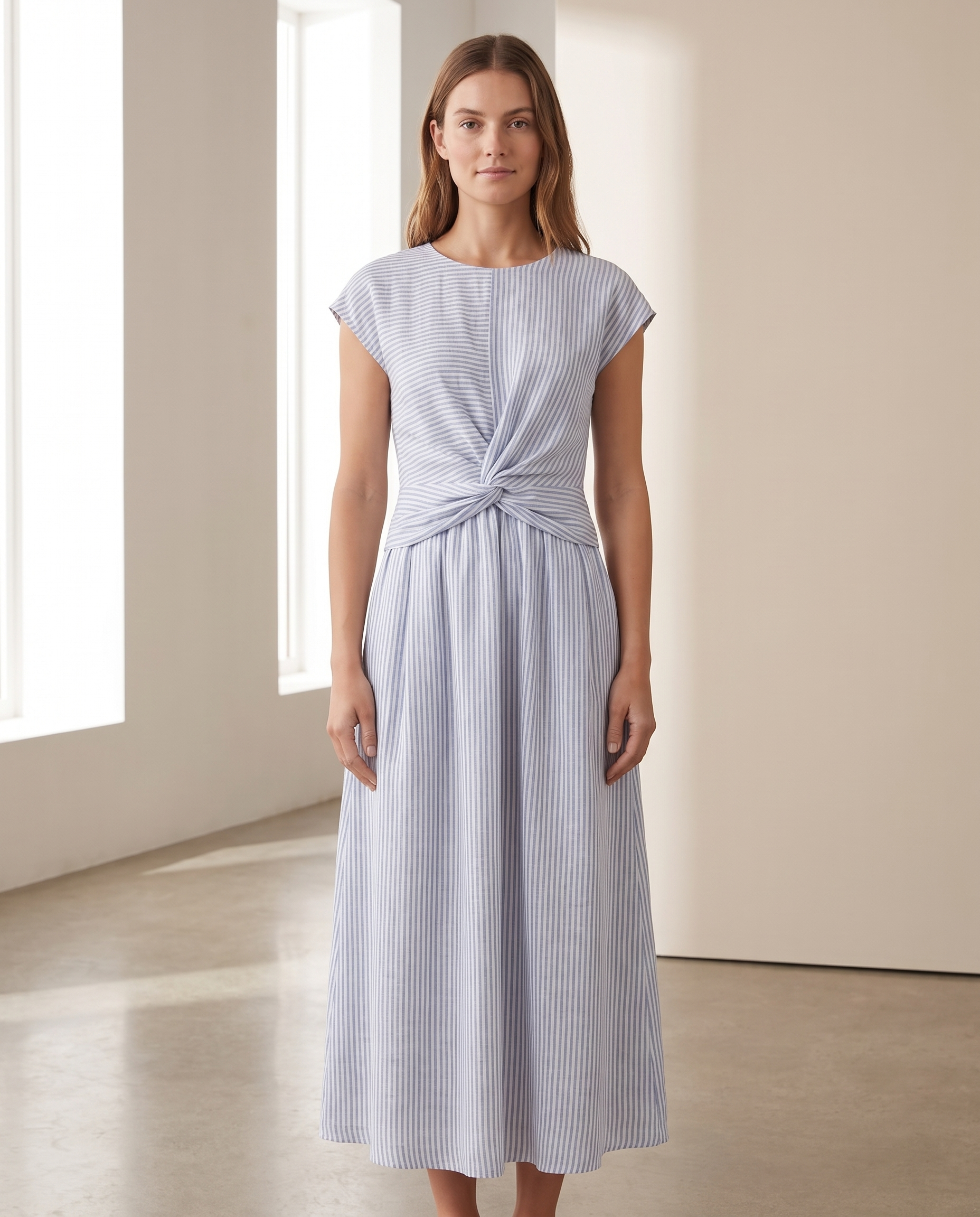 100% Belgian Linen Women's Midi Dress Twisted Front Short Sleeve for Summer