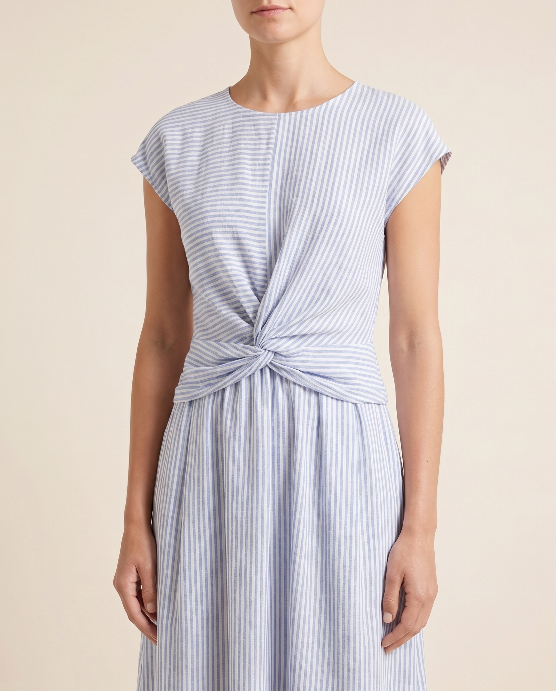 100% Belgian Linen Women's Midi Dress Twisted Front Short Sleeve for Summer