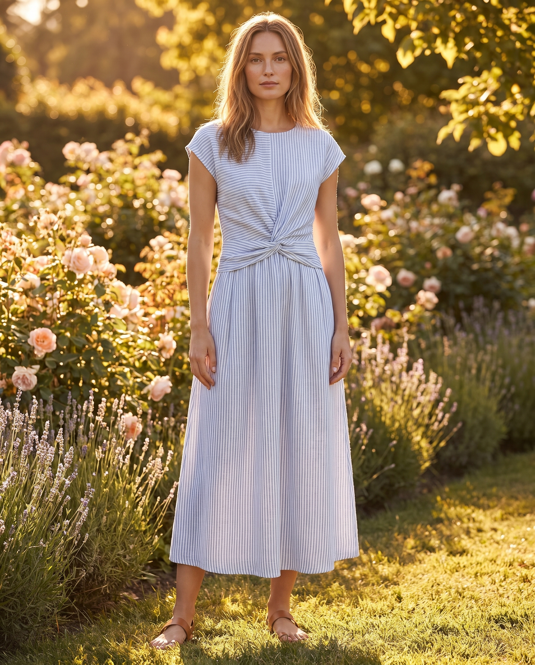 100% Belgian Linen Women's Midi Dress Twisted Front Short Sleeve for Summer