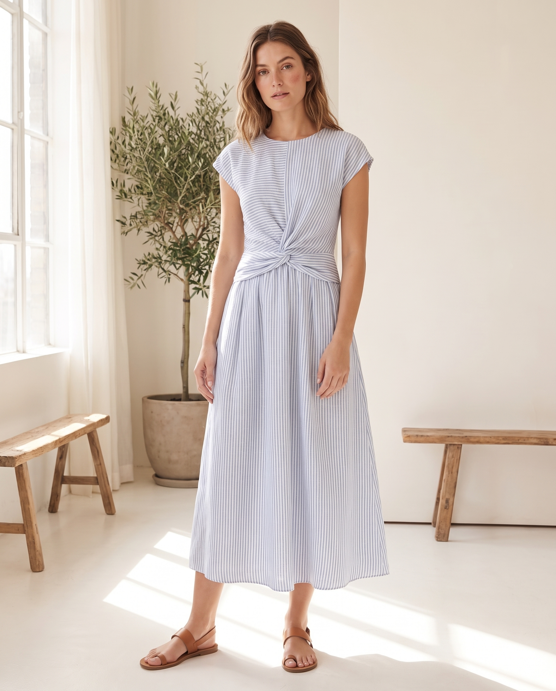 100% Belgian Linen Women's Midi Dress Twisted Front Short Sleeve for Summer