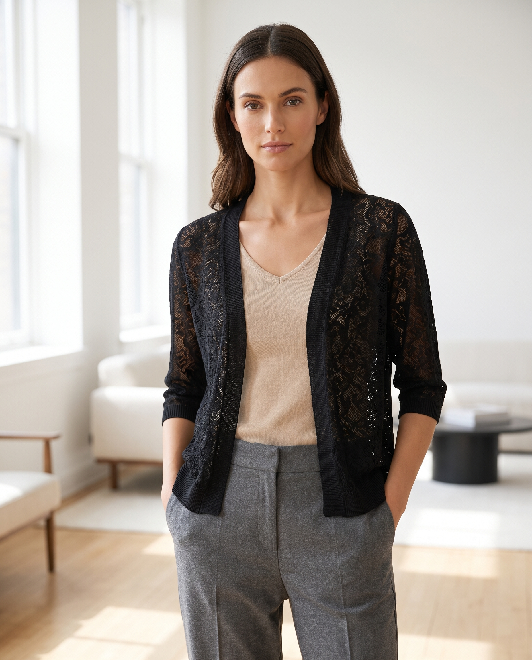 Elegant Lace Knit Cardigan Sweater with Relaxed Fit | Versatile Layering Piece for Day to Evening Wear