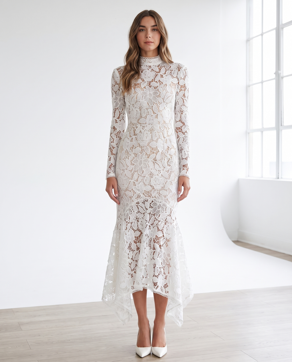 Women's Formal Dress with Floral Lace & Ruffle Hem | Elegant Wedding Guest Dress in White