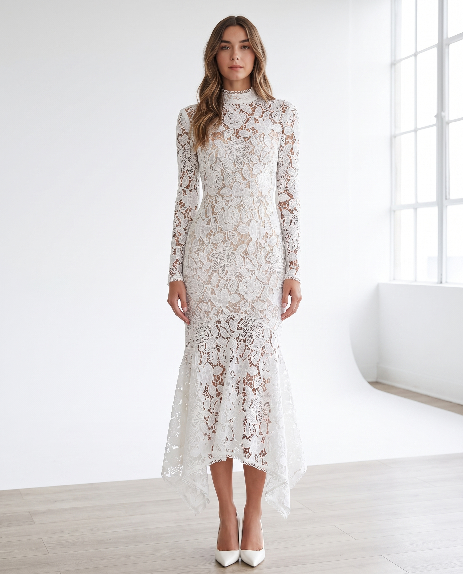 Women's Formal Dress with Floral Lace & Ruffle Hem | Elegant Wedding Guest Dress in White