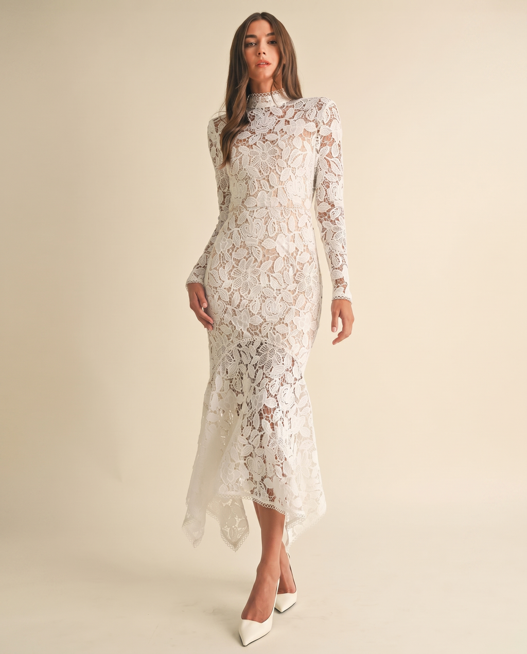Women's Formal Dress with Floral Lace & Ruffle Hem | Elegant Wedding Guest Dress in White
