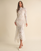 Women's Formal Dress with Floral Lace & Ruffle Hem | Elegant Wedding Guest Dress in White