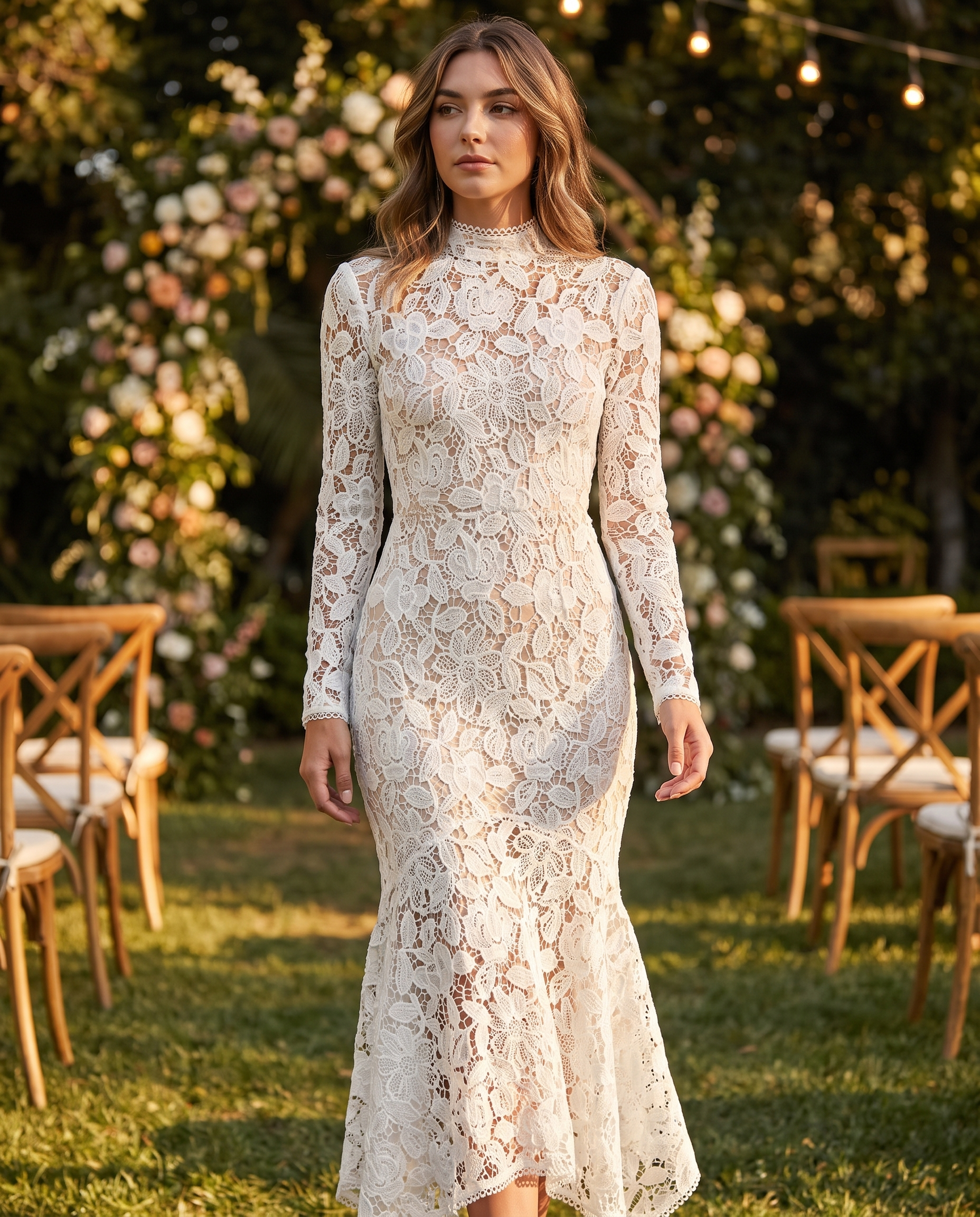 Women's Formal Dress with Floral Lace & Ruffle Hem | Elegant Wedding Guest Dress in White