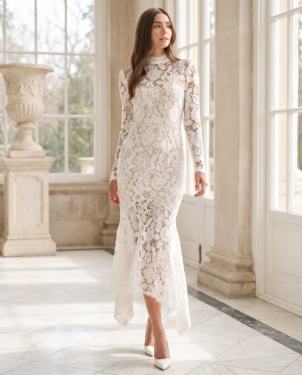 Women's Formal Dress with Floral Lace & Ruffle Hem | Elegant Wedding Guest Dress in White