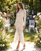 Women's Formal Dress with Floral Lace & Ruffle Hem | Elegant Wedding Guest Dress in White