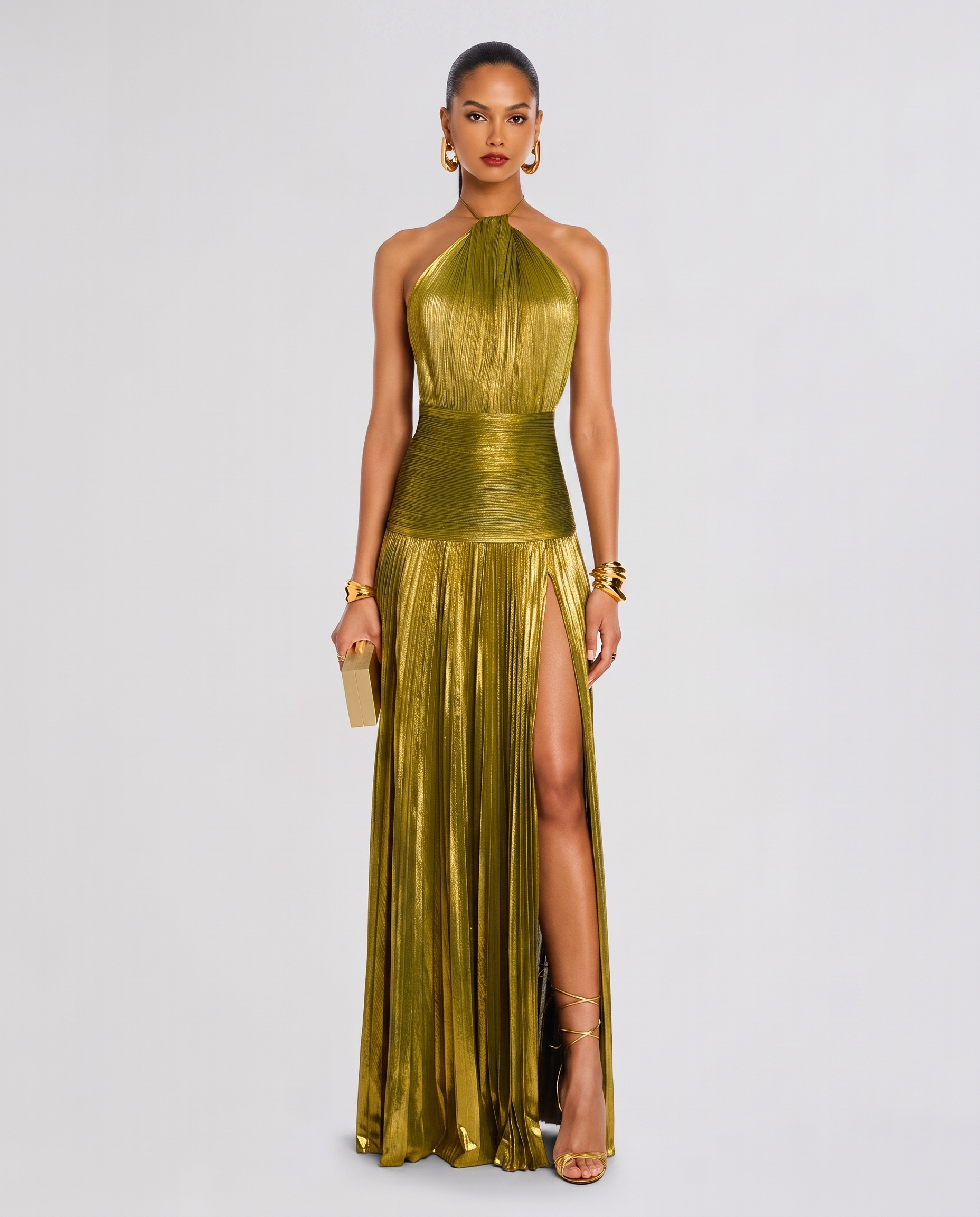 Women's Gold Metallic Halter Neck Pleated High Slit Maxi Gown  Luxury Formal Evening Red Carpet Wedding Guest Dress