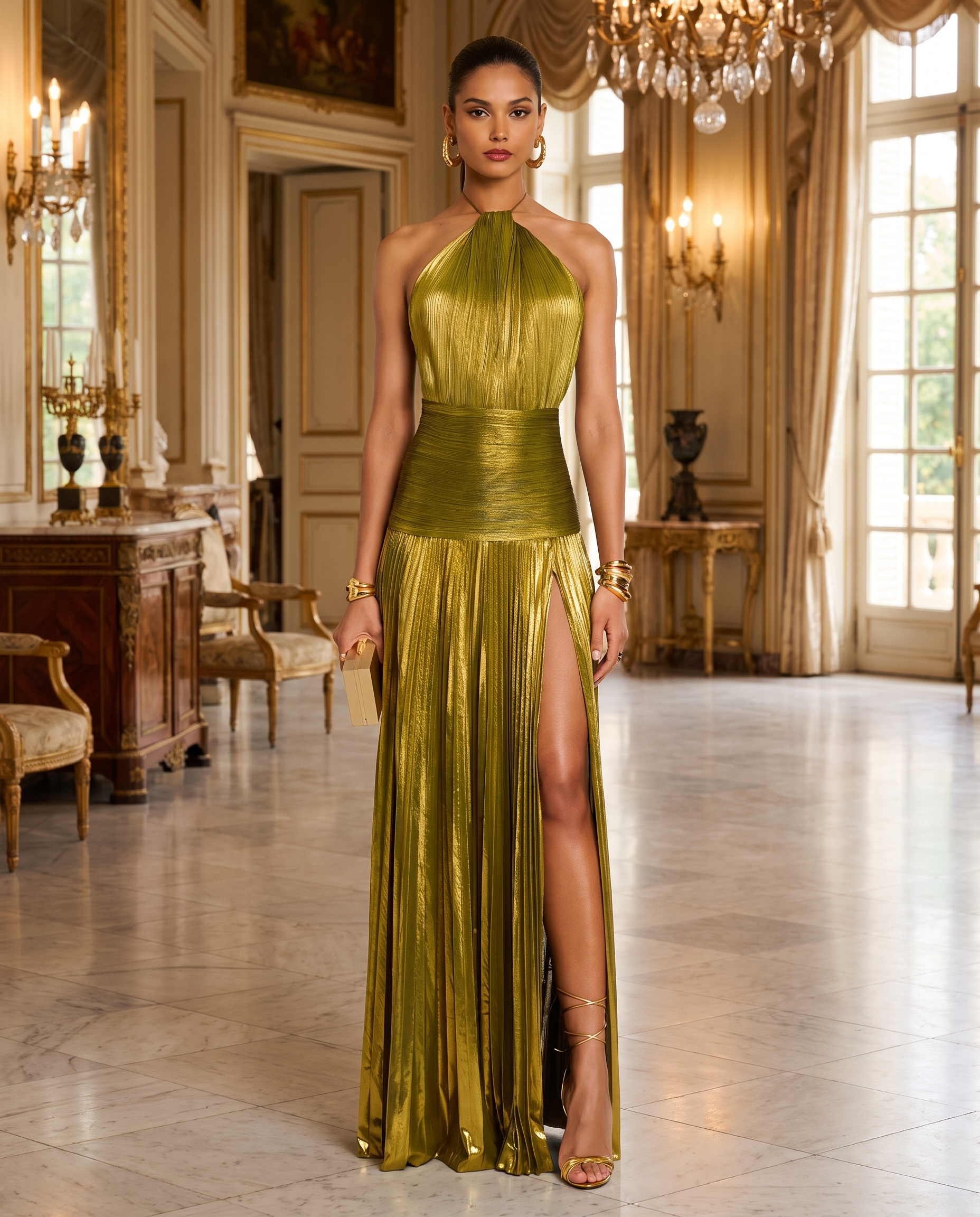 Women's Gold Metallic Halter Neck Pleated High Slit Maxi Gown  Luxury Formal Evening Red Carpet Wedding Guest Dress
