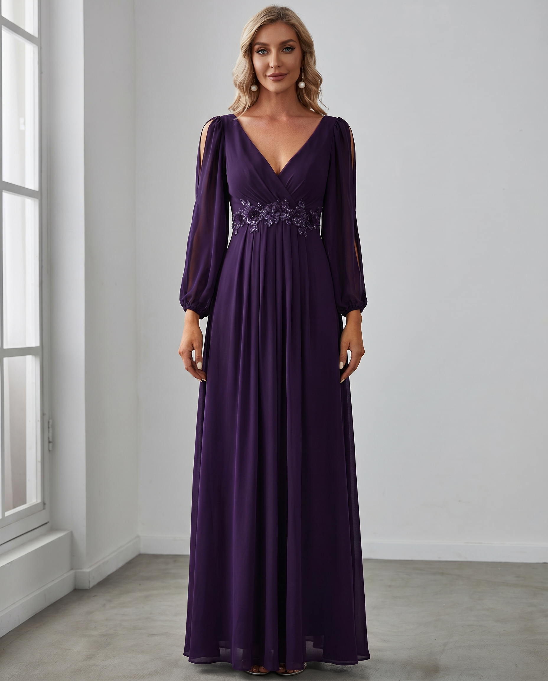 Elegant Chiffon V-Neck Long Sleeve Formal Evening Dress for Women