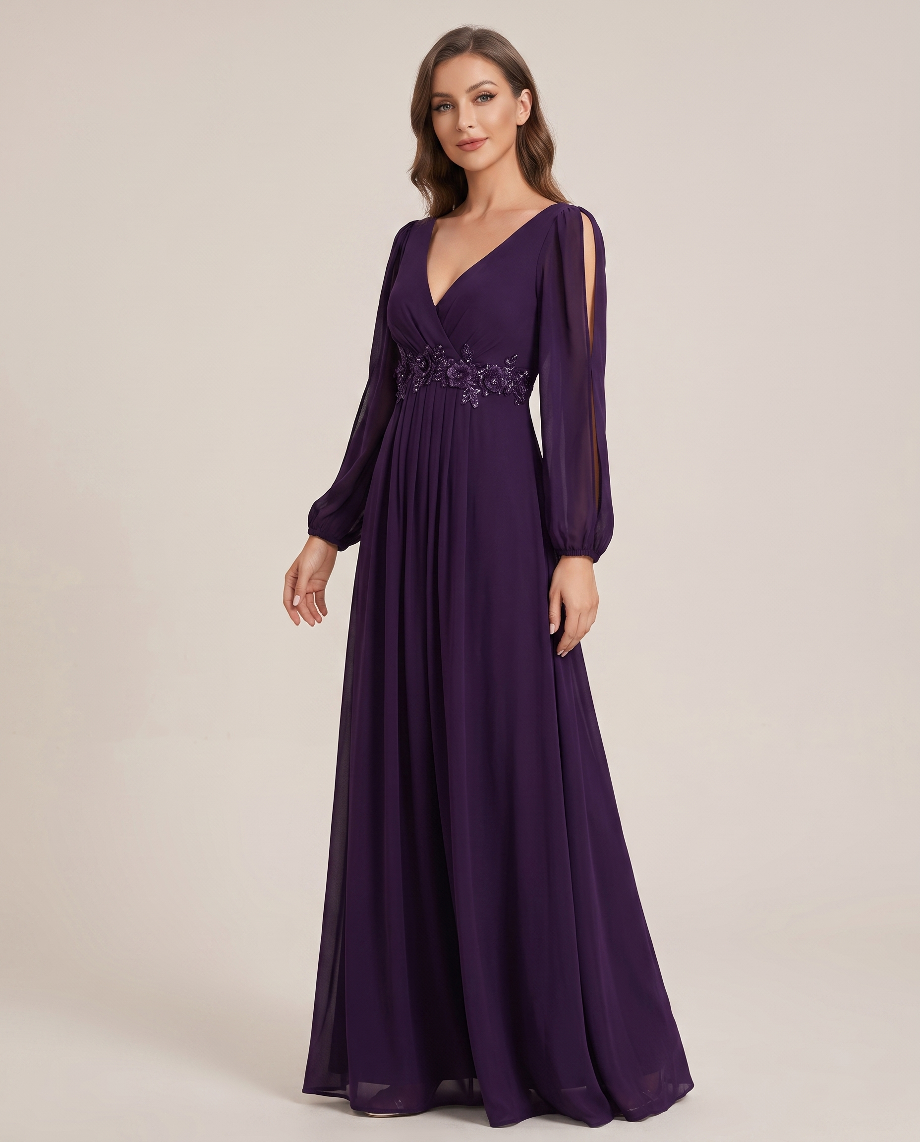 Elegant Chiffon V-Neck Long Sleeve Formal Evening Dress for Women