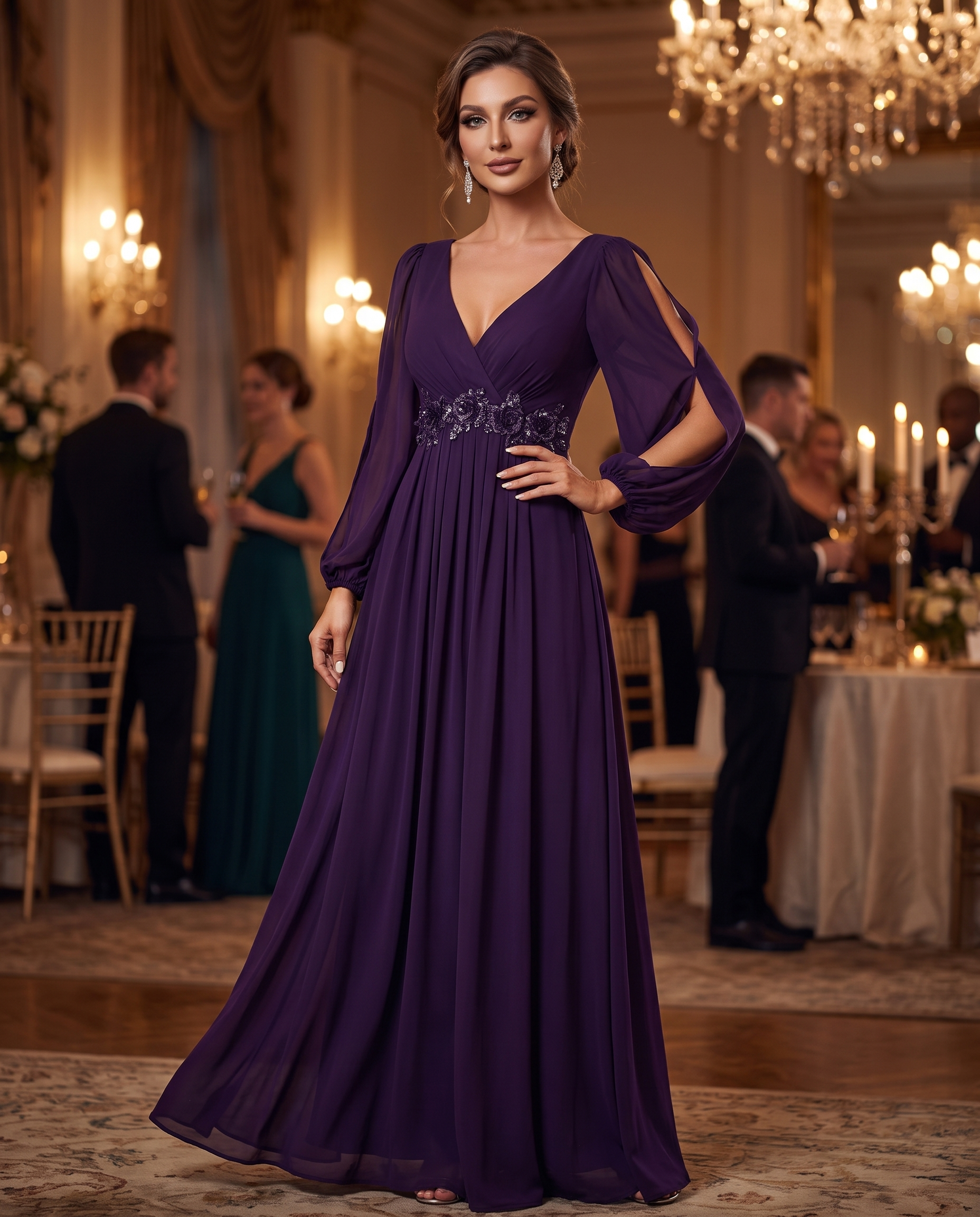 Elegant Chiffon V-Neck Long Sleeve Formal Evening Dress for Women