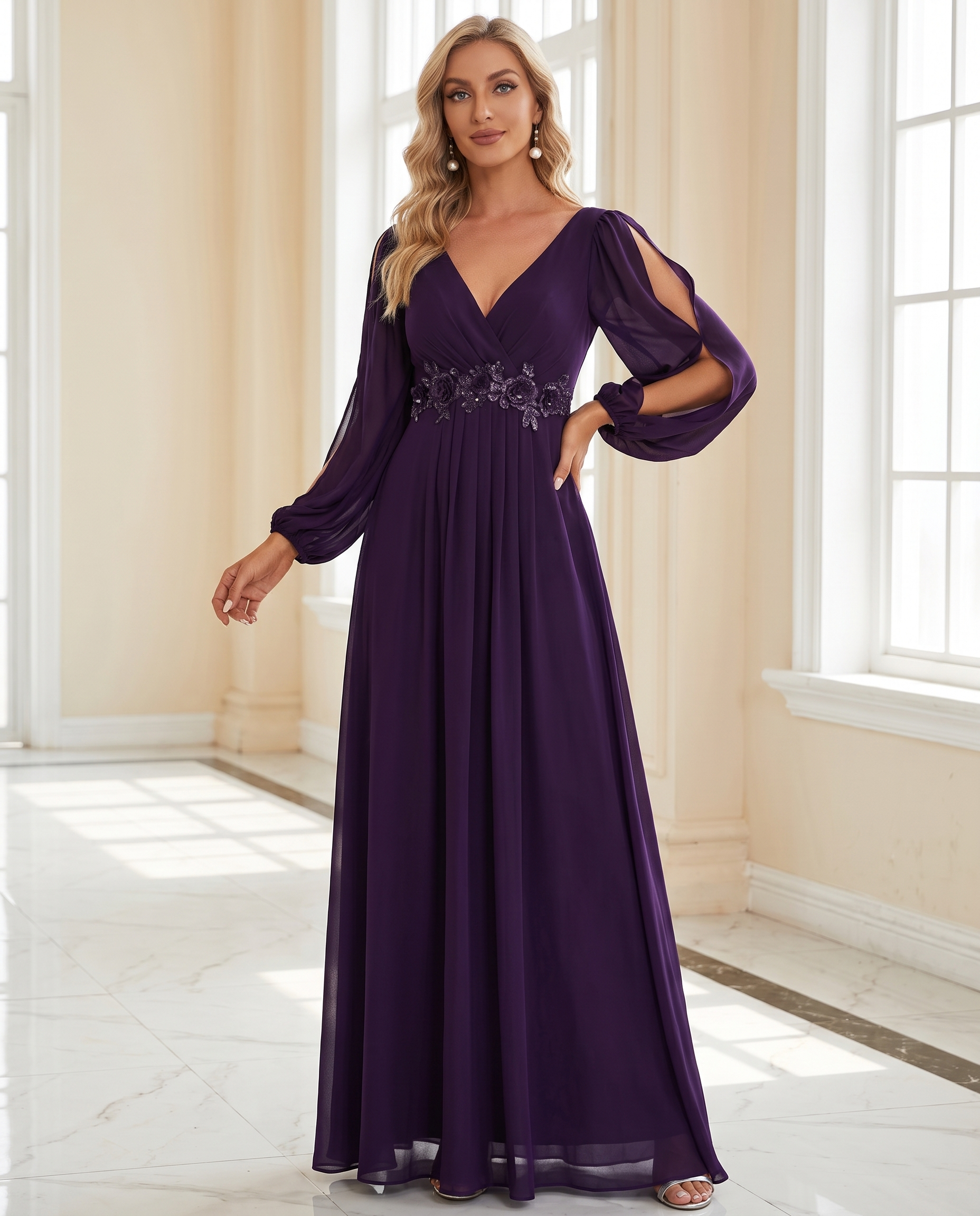 Elegant Chiffon V-Neck Long Sleeve Formal Evening Dress for Women