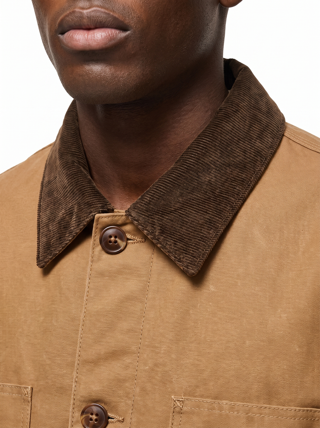 Barn jacket corduroy collar and button placket close up detail
