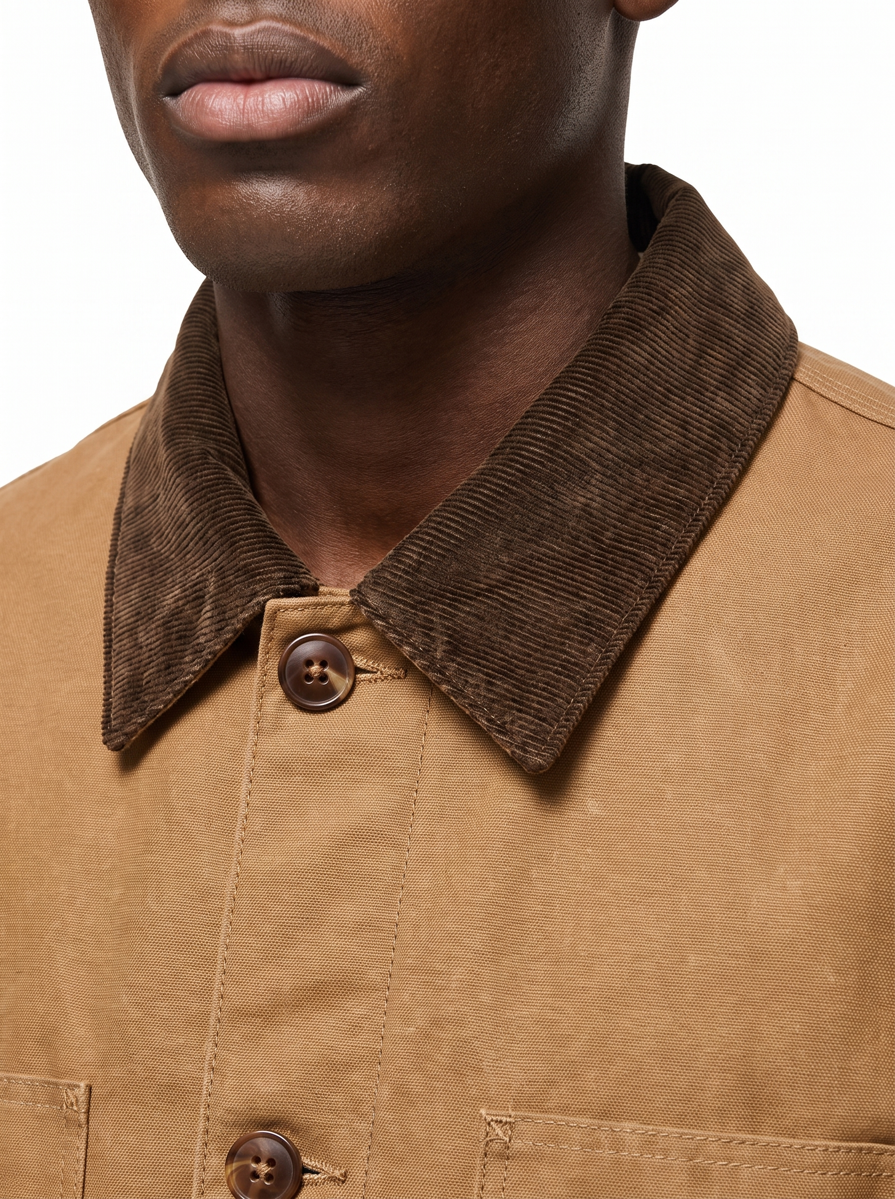 Barn jacket corduroy collar and button placket close up detail