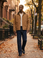 Man wearing tan barn jacket walking on autumn city street, lifestyle