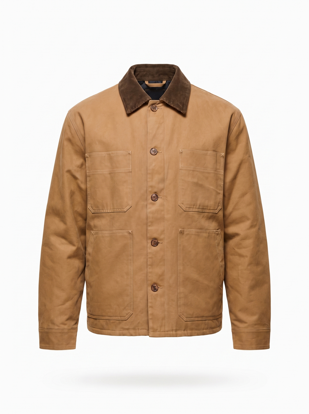 Tan waxed canvas barn jacket product shot on white background