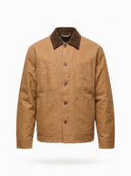 Tan waxed canvas barn jacket product shot on white background