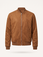 Cognac faux suede bomber jacket product shot on white background