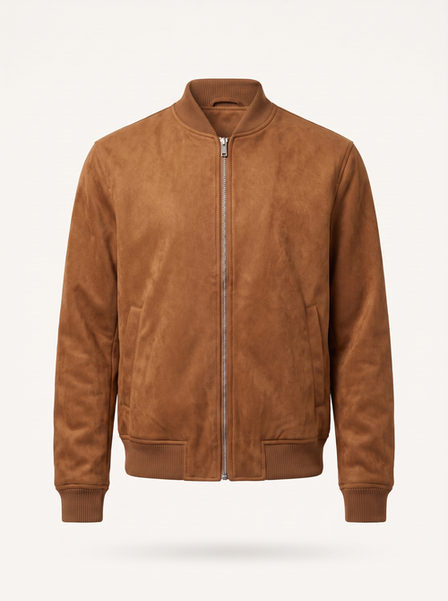 Cognac faux suede bomber jacket product shot on white background