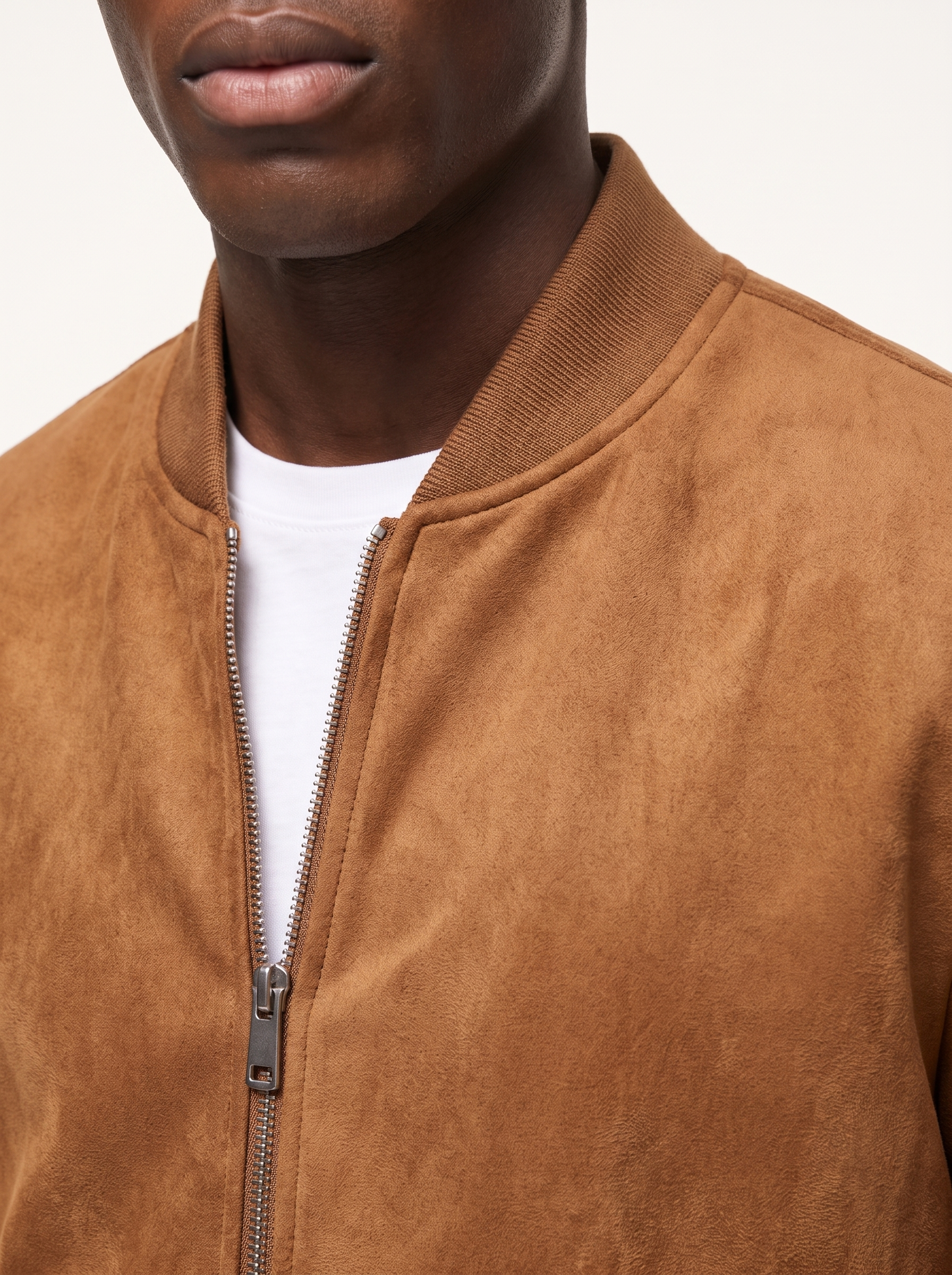 Suede bomber ribbed knit collar and zipper close up detail