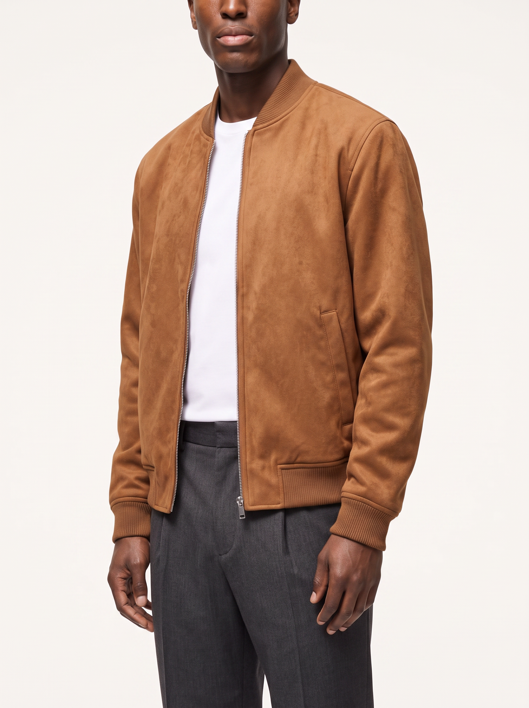 Suede bomber jacket relaxed fit three quarter view