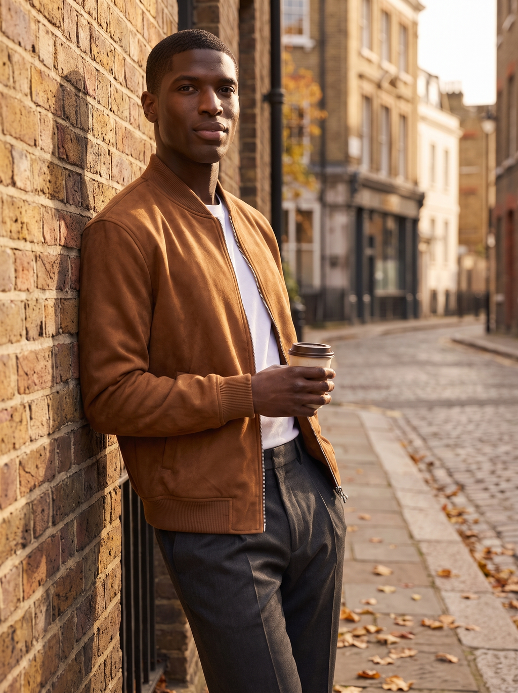 Man wearing cognac suede bomber jacket on city street at golden hour, lifestyle