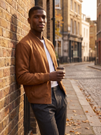 Man wearing cognac suede bomber jacket on city street at golden hour, lifestyle