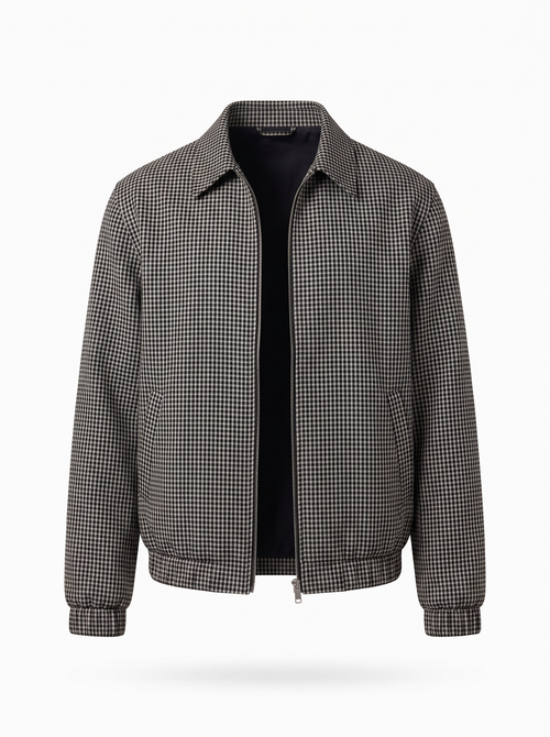 Micro plaid harrington jacket product shot on white background