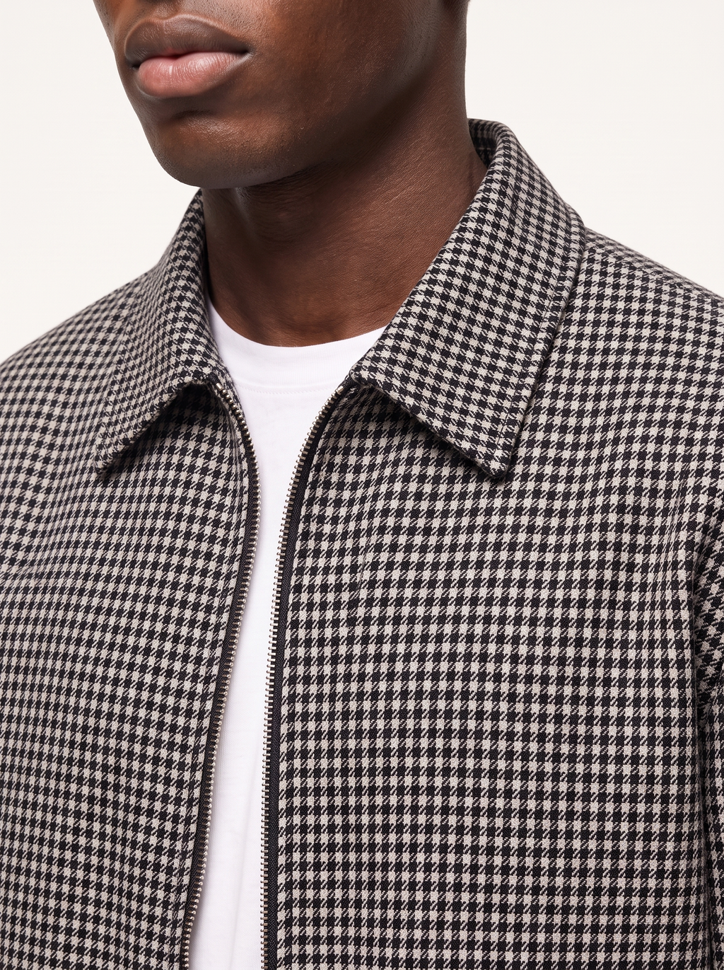 Harrington jacket collar and zipper close up detail with micro plaid weave