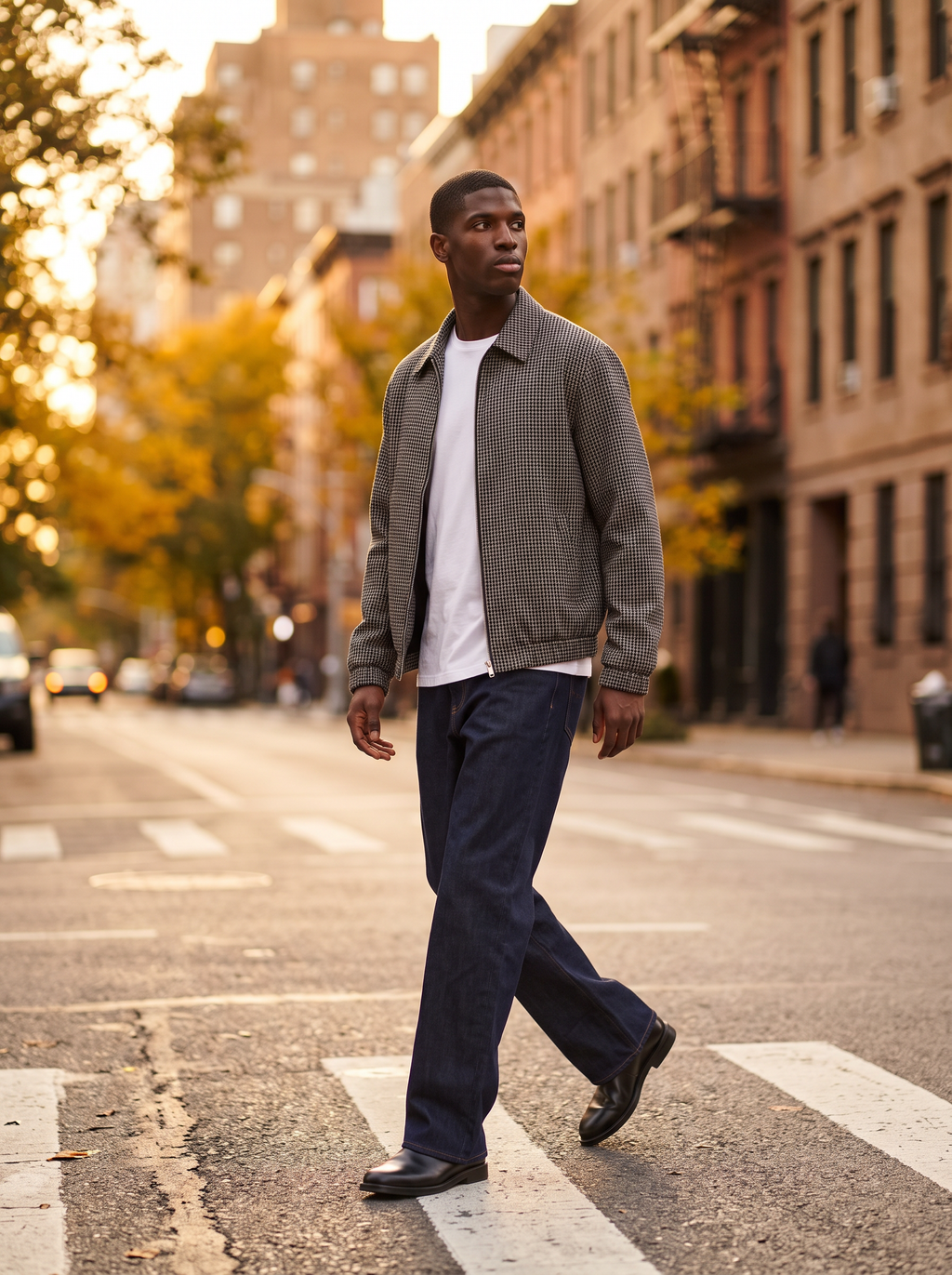 Man wearing micro plaid harrington jacket crossing city street at golden hour