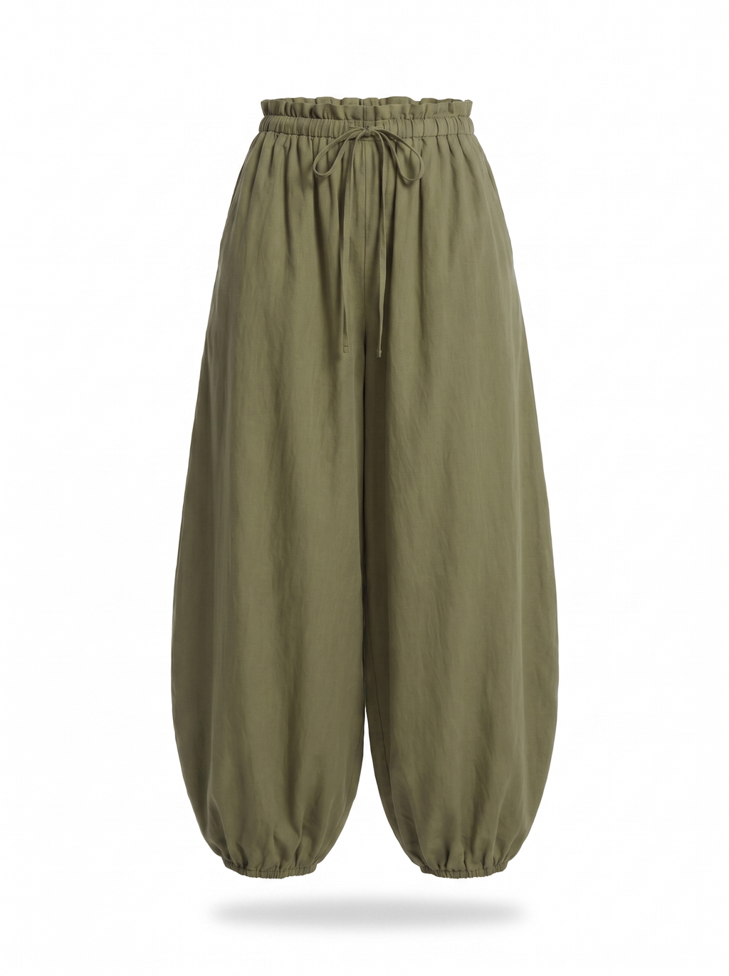 Olive balloon pants product shot on white background