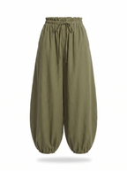 Olive balloon pants product shot on white background