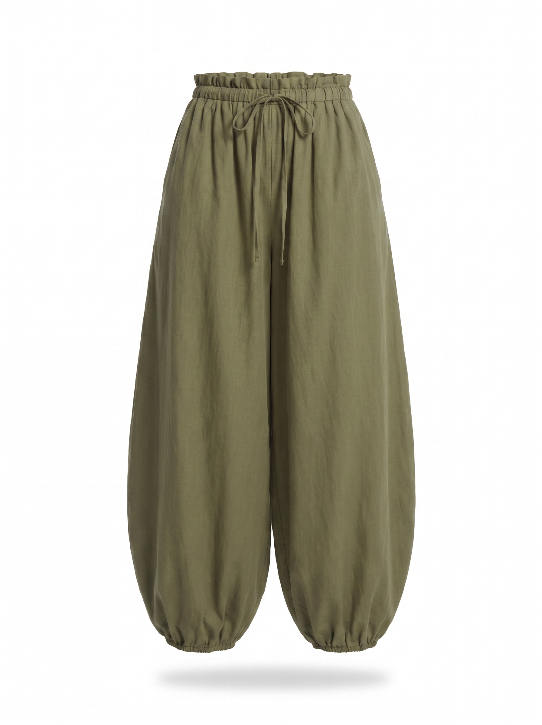 Olive balloon pants product shot on white background