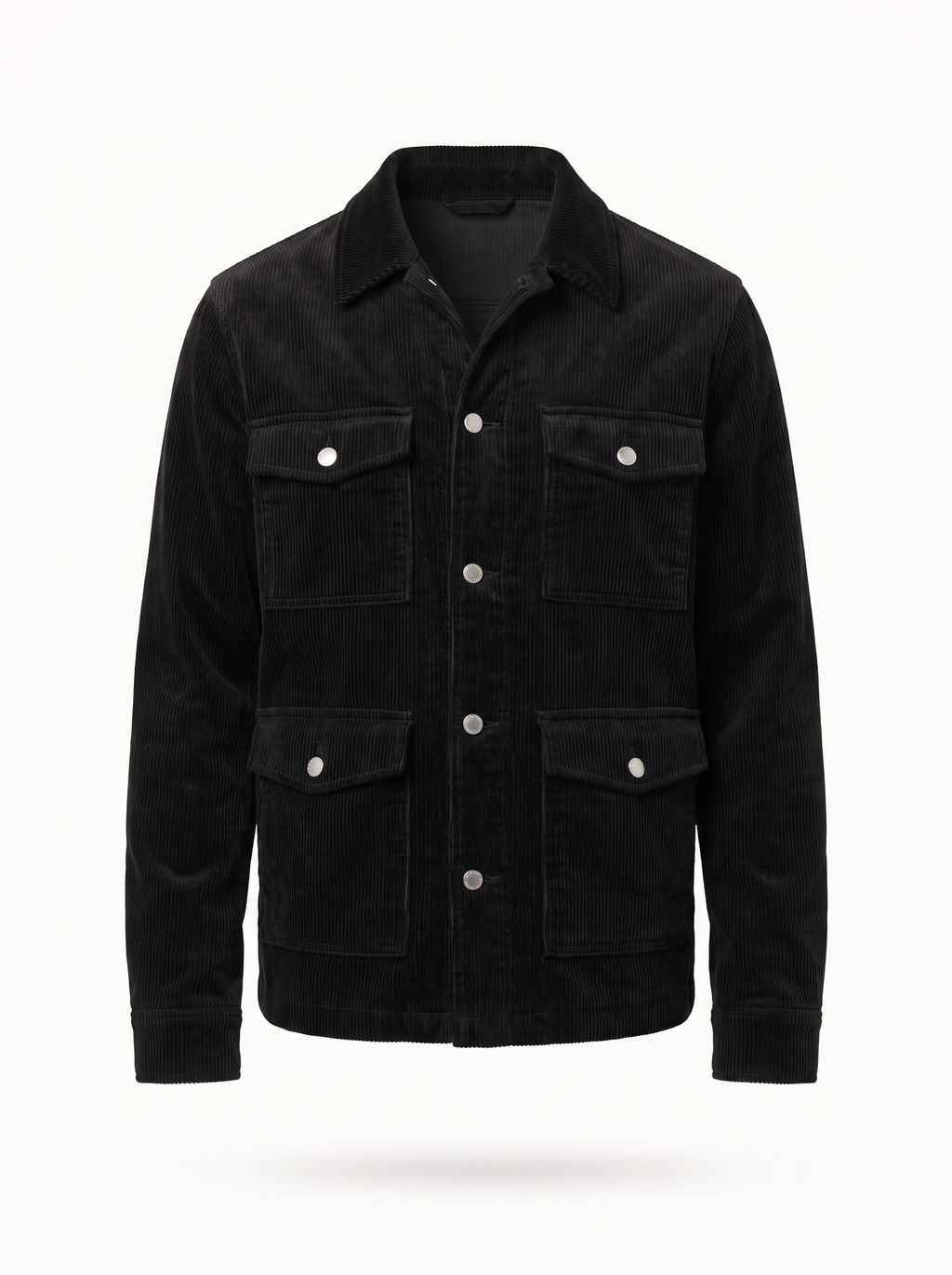 Black corduroy cargo jacket product shot on white background