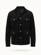 Black corduroy cargo jacket product shot on white background